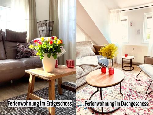 a living room with a couch and a table with flowers at Thüringer Wald-Zauber in Zella-Mehlis