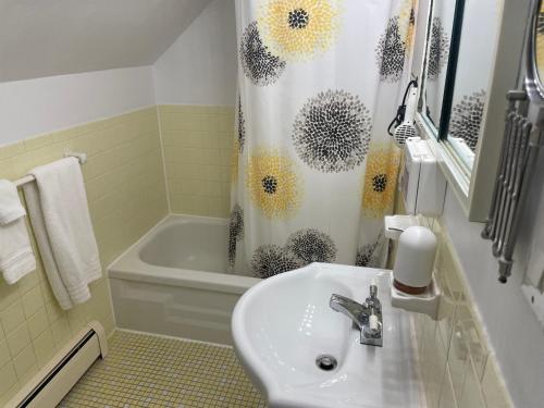 a bathroom with a sink and a shower curtain at Au coq du bonheur in Magog-Orford
