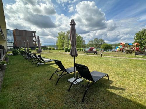 a group of chairs and an umbrella in the grass at KAMERALNY przy promenadzie - pokoje in Charzykowy