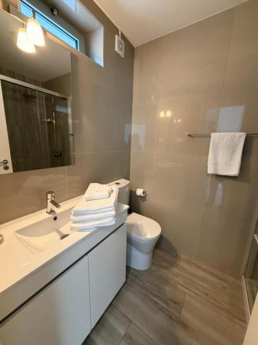 a bathroom with a sink and a toilet and a mirror at AFIFE T1D Bouça Cabrita Residences in Afife