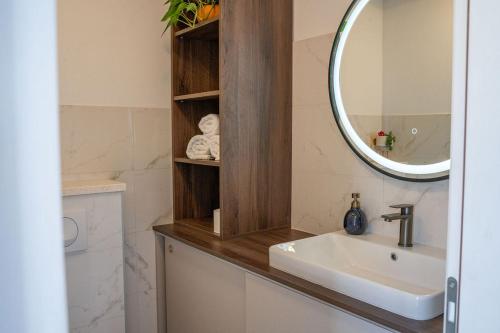 a bathroom with a sink and a mirror at Blue Velvet apartment in Lumbarda