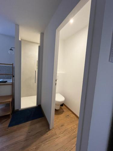 an empty bathroom with a toilet and a mirror at Maison Elgenia in Saint-Martin-dʼArrossa