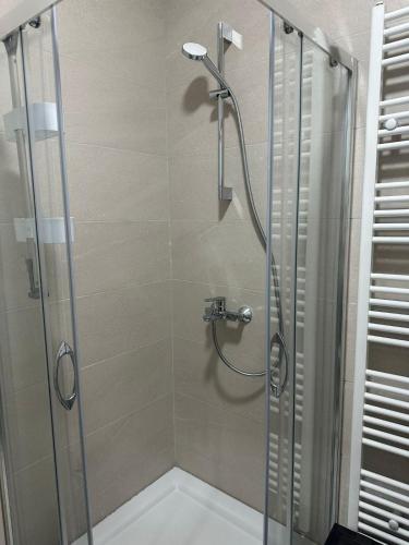 a bathroom with a shower with a glass door at Apartman Lady A2 Istočno Sarajevo in Vranješ
