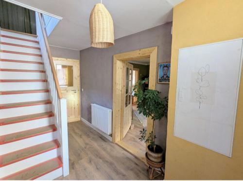 a hallway with a staircase and a potted plant at Ferienhaus Glockenklang in Sangerhausen