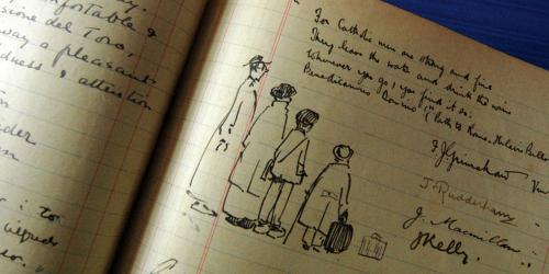 a book with a drawing of people on a page at Hotel Toro in Ravello