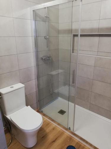 a bathroom with a toilet and a glass shower at Atalaia Garden House in Giz