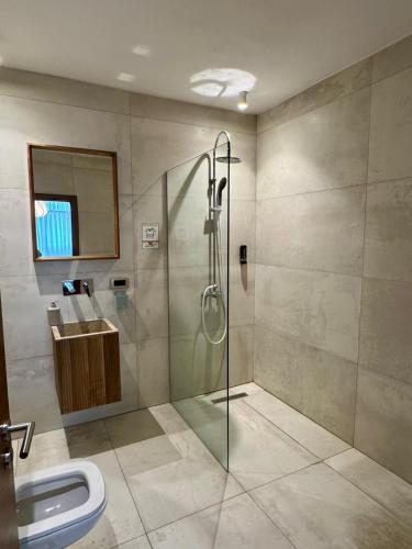 a bathroom with a shower with a glass door at Boulevard Studios NewBorn in Prishtinë