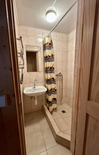 a bathroom with a sink and a shower curtain at Pas Aldoną in Šventoji
