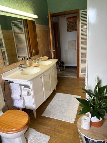 a bathroom with two sinks and a toilet and a mirror at Chez Tantine Nadine in Couvin