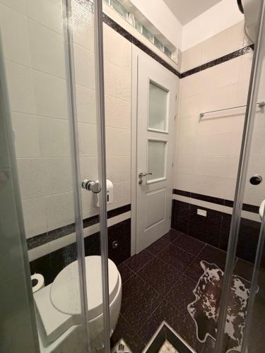 a bathroom with a toilet and a glass door at Pool View Private Apartment in Vlorë