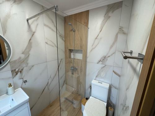 a bathroom with a toilet and a glass shower at GRANDPA's HOME in Pusteci