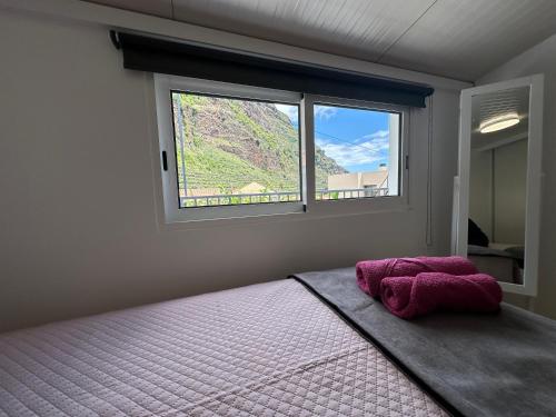 a bedroom with a large bed with a window at Madalena House in Madalena do Mar