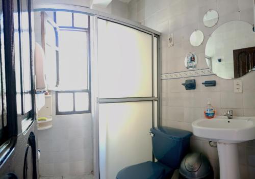 a bathroom with a shower and a sink and a toilet at Spanish Friends in Sucre