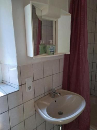 a bathroom with a sink and a red shower curtain at Monteurhaus LK1 in Lissendorf