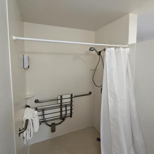 a bathroom with a shower with a shower curtain at The Orca Inn in Friday Harbor