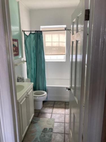 a bathroom with a toilet and a green shower curtain at Beach Block Victorian 1 minute from beach in Ventnor City