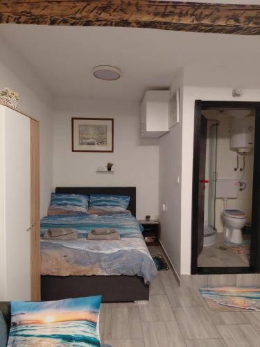 a bedroom with a large bed and a mirror at Apartma Romeo in Piran