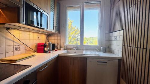 a small kitchen with a sink and a window at Les hauteurs d'Avon - Vue forêt - Parking in Avon