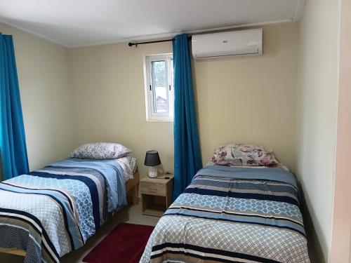 two beds in a room with blue curtains and a window at Sucasa Apartment B in Willemstad