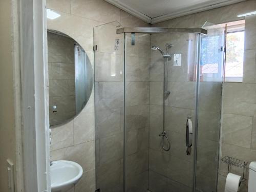 a bathroom with a shower and a sink at Sucasa Apartment B in Willemstad