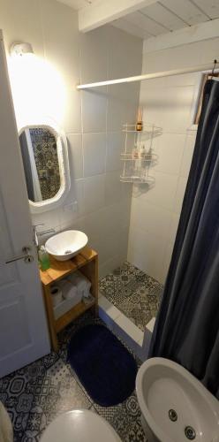 a bathroom with a sink and a toilet and a shower at Cabaña Meely in El Calafate