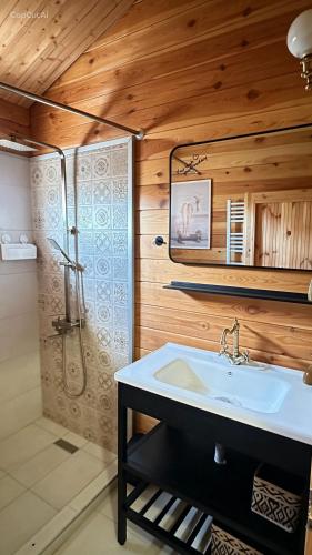a bathroom with a sink and a shower at chemtan cottages in Dushetʼi