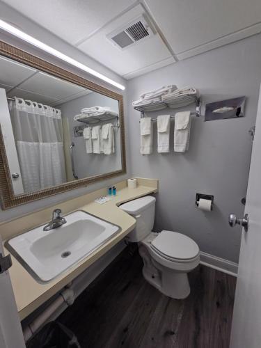 ein Badezimmer mit Waschbecken, Toilette und Spiegel in der Unterkunft Saffron Inn in Auburn
