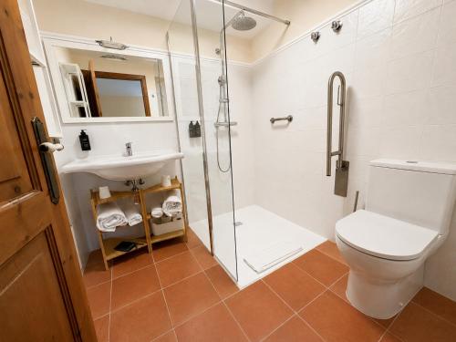 a bathroom with a shower and a toilet and a sink at CASA DAS XACIAS, RIBEIRA SACRA in A Airoa