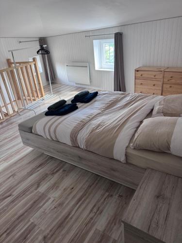 a bedroom with a large bed with wooden floors at Petit cocon près des grottes de Perrier in Perrier