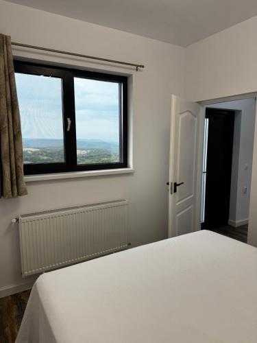 a white bedroom with a bed and a window at Escape in Ghelar