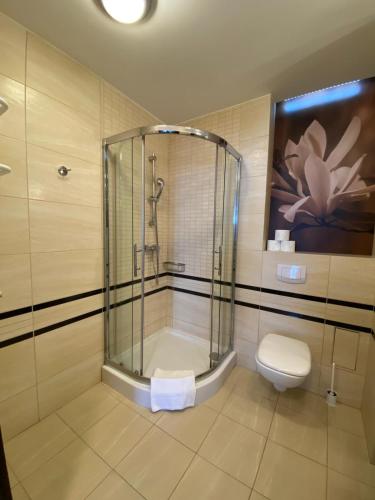 a bathroom with a shower and a toilet at Pokoje Hotel Diva 200 metrów do plaży in Kołobrzeg