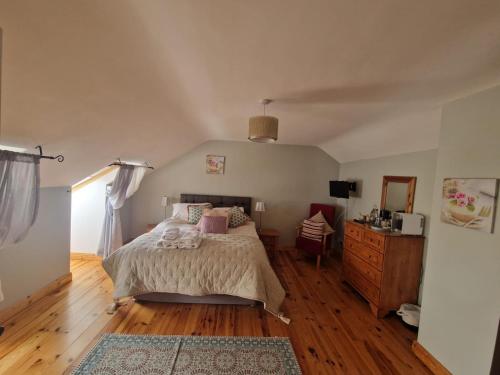 a bedroom with a bed and a dresser in it at Dee's Nest in Dingle