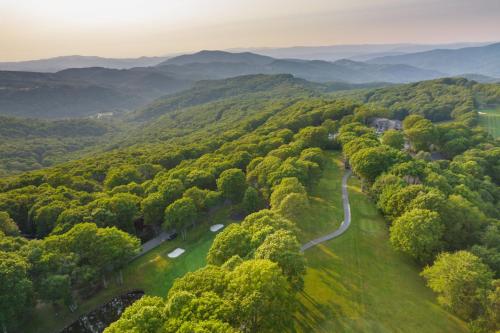 an aerial view of a valley with trees and a road at Chasing Birdies in Beech Mountain