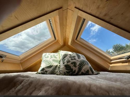 a bedroom with two windows and a bed with a pillow at Tinyhouse am Bach, 3144 Wald in Wald