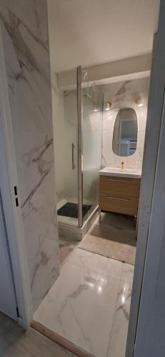 a bathroom with a shower and a sink and a mirror at Vertige Bleu, Vue mer, Port, Plage, WI-FI, Clim, Centre ville, Commerces, Calme in La Grande Motte