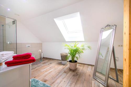 a bathroom with a skylight and a mirror at Ferienwohnung Bergele in Rot an der Rot