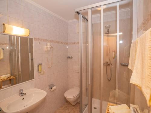 a bathroom with a shower and a toilet and a sink at Restaurant Gästehaus Seiger in Sankt Lorenzen bei Knittelfeld