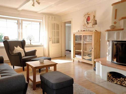 a living room with a couch and a fireplace at Apfelblüte - Ferienhaus - ABC321 in Klein Warin