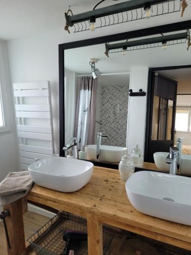a bathroom with two sinks and a large mirror at chambres d'hôtes BARTAV aile in Espeluche