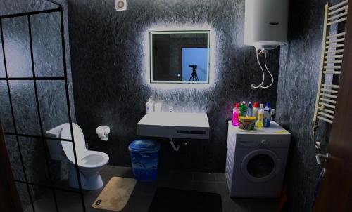 a bathroom with a sink and a toilet and a mirror at Prishtina Host in Prishtinë