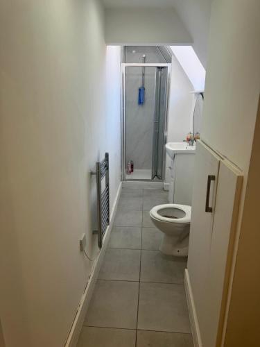 a bathroom with a toilet and a walk in shower at Epsom High Street Apartment 9 in Epsom