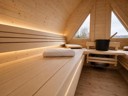 En eller flere senge i et værelse på Elementa Wellness Lodge Reddeber