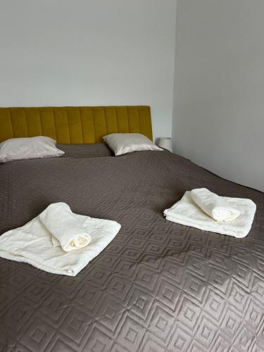 a large bed with two white towels on it at Apartmán Třinec in Třinec