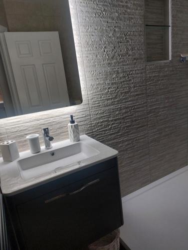 a bathroom with a sink and a mirror and a tub at Coastal Apartment in Malahide