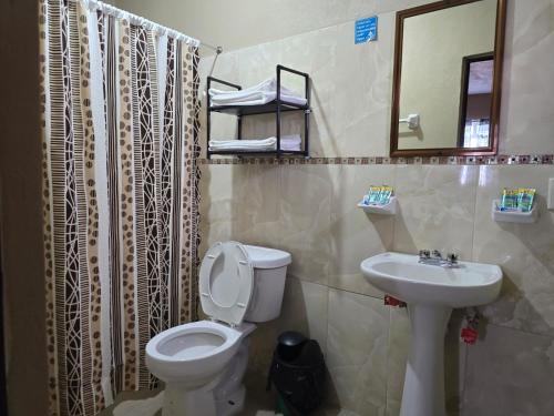 a bathroom with a toilet and a sink at Hotel Milenio Nanacamilpa Tlaxcala in Nanacamilpa