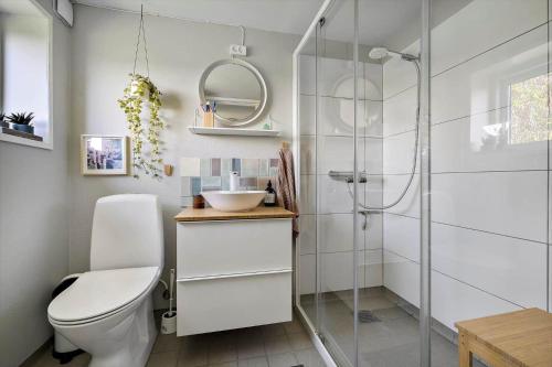 a bathroom with a toilet and a glass shower at 20165-Samso-Marup-Bakkevej-14 in Mårup