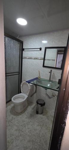 a bathroom with a toilet and a glass sink at Departamento central Lg in Pereira