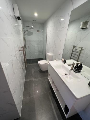 a bathroom with a white sink and a toilet at Jacks Point Getaway in Queenstown Airport