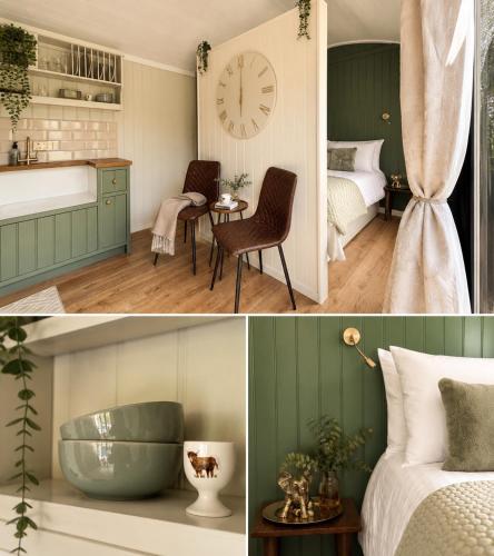 a collage of pictures of a bedroom and a bed at Everwood Escape- The Willow Hut With Private Hot Tub in Dungiven