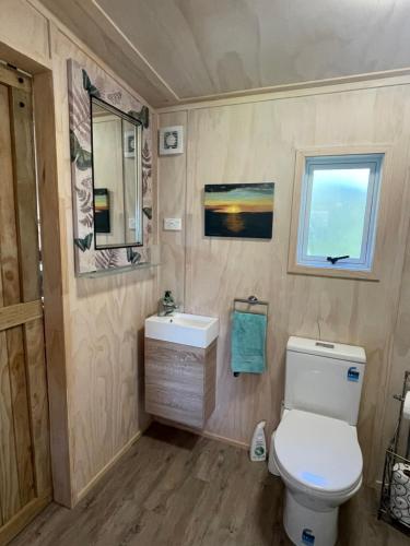 a small bathroom with a toilet and a sink at Hideaway Haven in Raglan